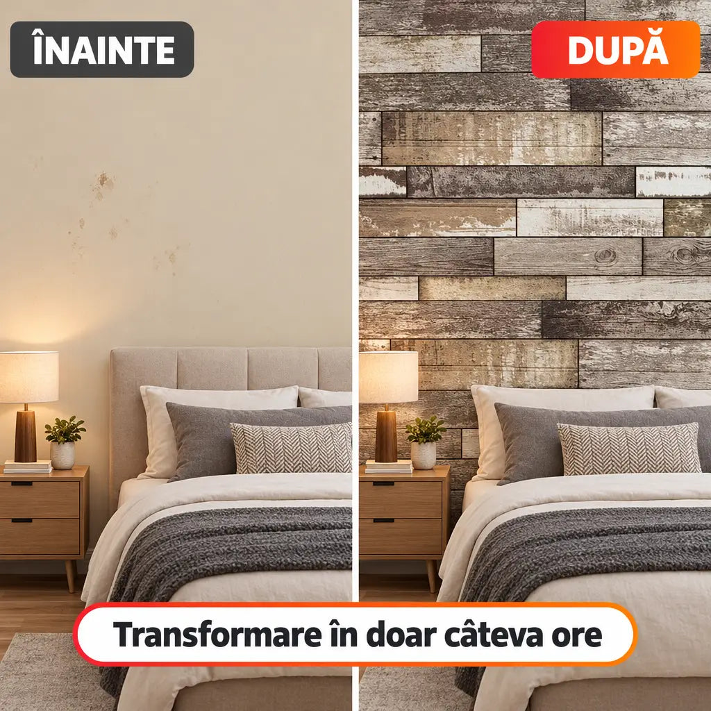 Înainte și după montaj tapet 3D lemn maro în dormitor