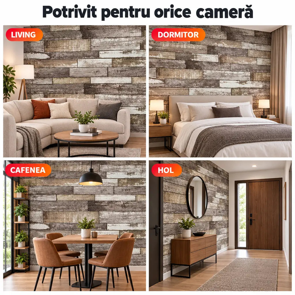 Tapet 3D lemn maro în living, dormitor, cafenea și hol