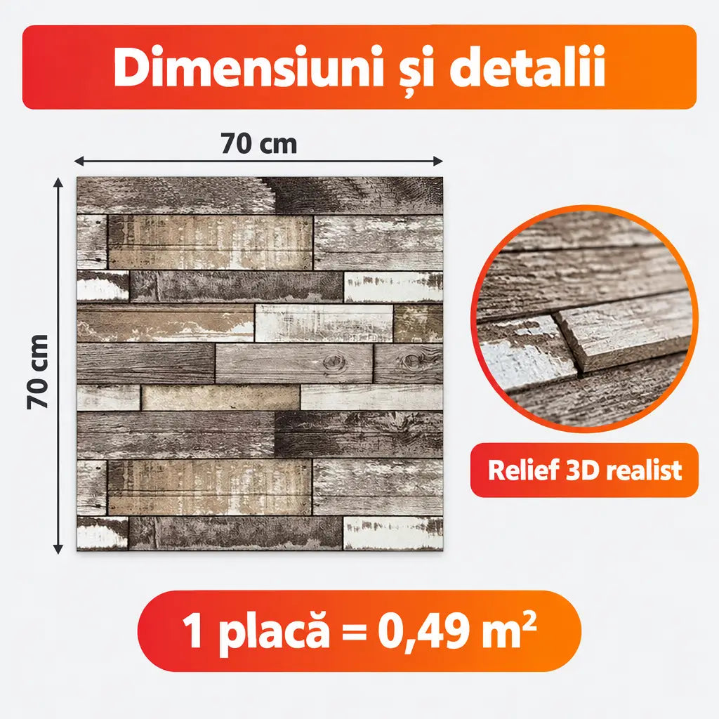 Dimensiuni placă tapet 3D lemn maro 70x70 cm, 0,49 m²