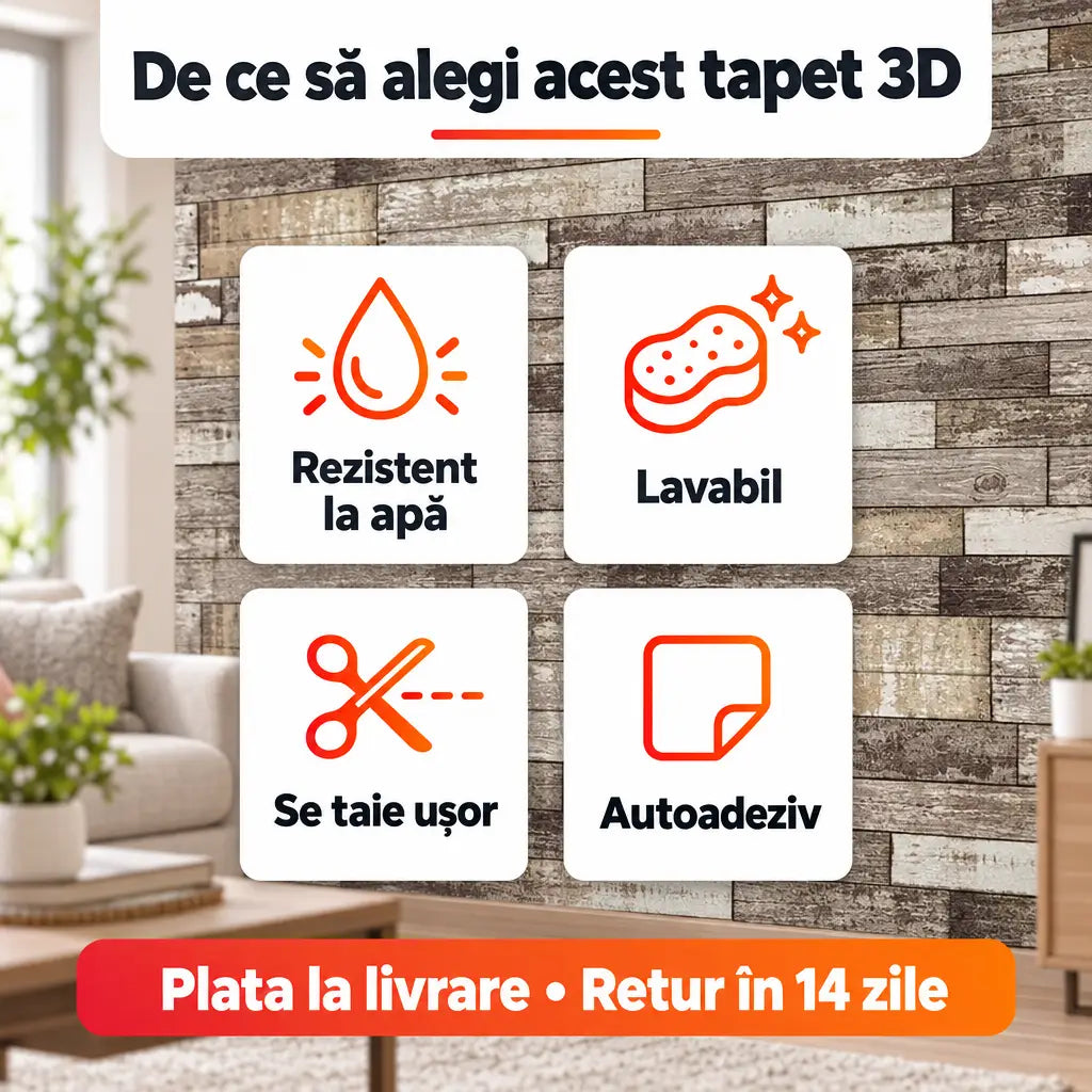 Beneficii tapet 3D lemn maro: rezistent la apă, lavabil, se taie ușor, autoadeziv