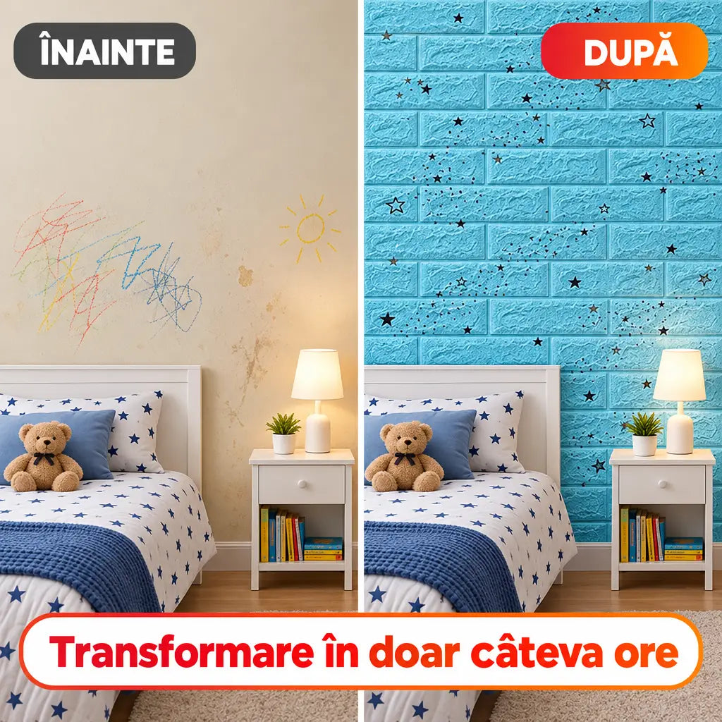 Înainte și după montaj tapet 3D steluțe albastru