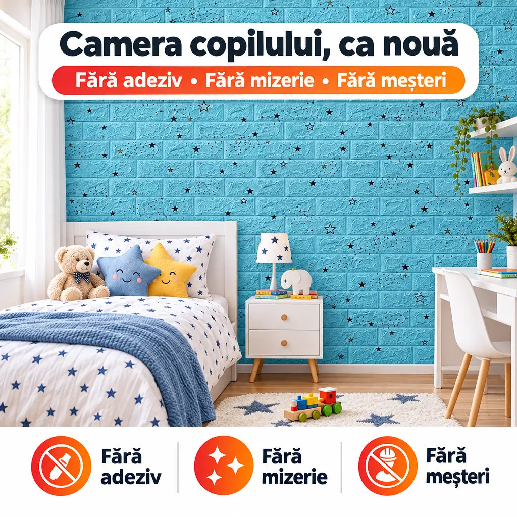 Tapet 3D autoadeziv albastru cu steluțe în camera copilului