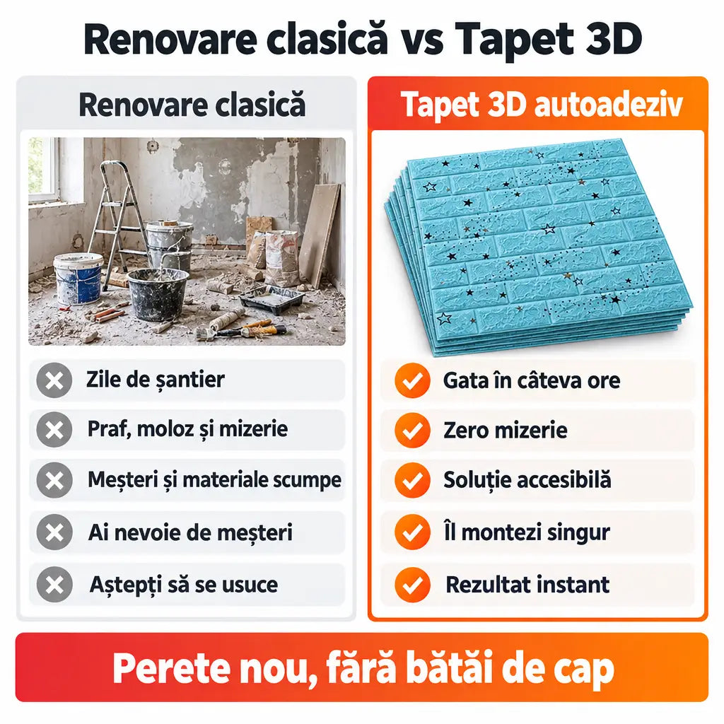 Renovare clasică vs tapet 3D autoadeziv steluțe albastru