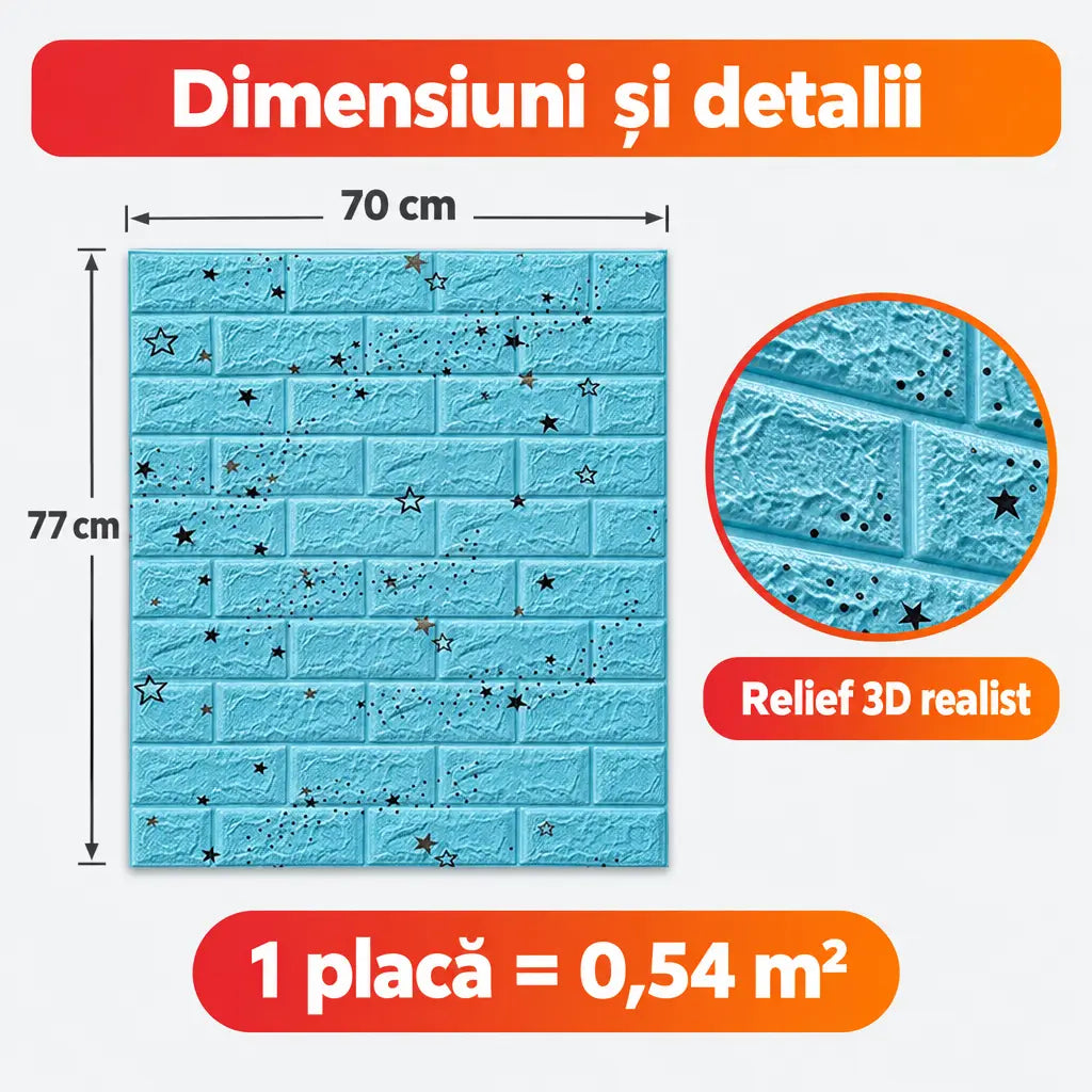 Dimensiuni placă tapet 3D steluțe 70x77 cm, 0,54 m²