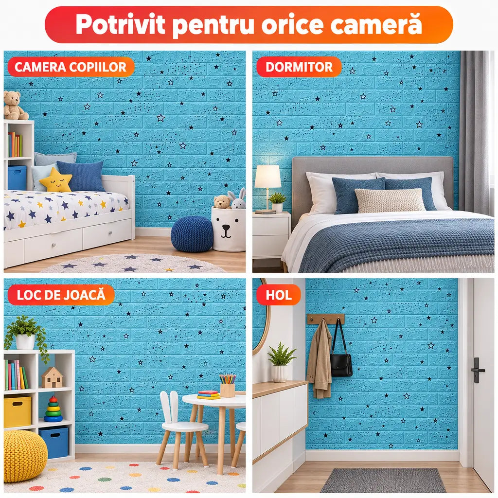 Tapet 3D steluțe albastru în camera copiilor, dormitor, loc de joacă și hol
