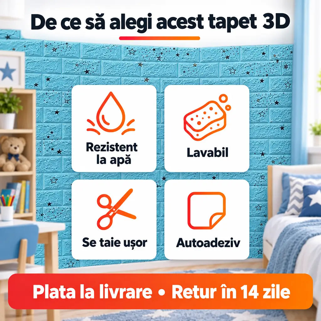 Beneficii tapet 3D steluțe: rezistent la apă, lavabil, se taie ușor, autoadeziv