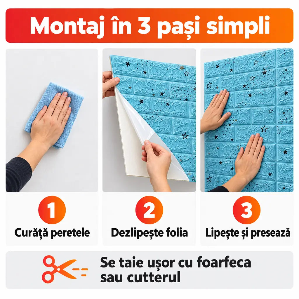 Montaj tapet 3D autoadeziv în 3 pași simpli