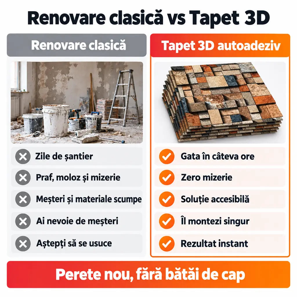 Renovare clasică vs tapet 3D autoadeziv mozaic