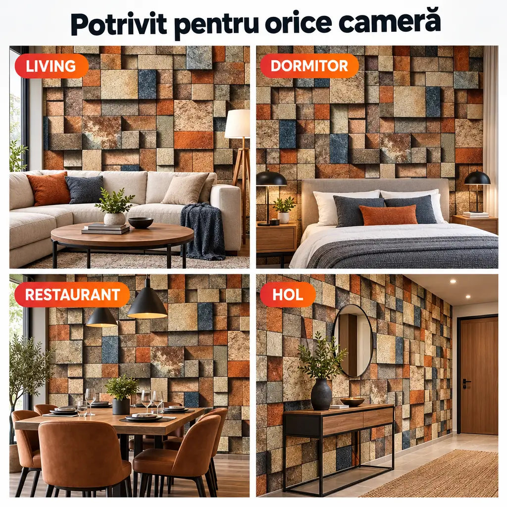 Tapet 3D mozaic de piatră în living, dormitor, restaurant și hol