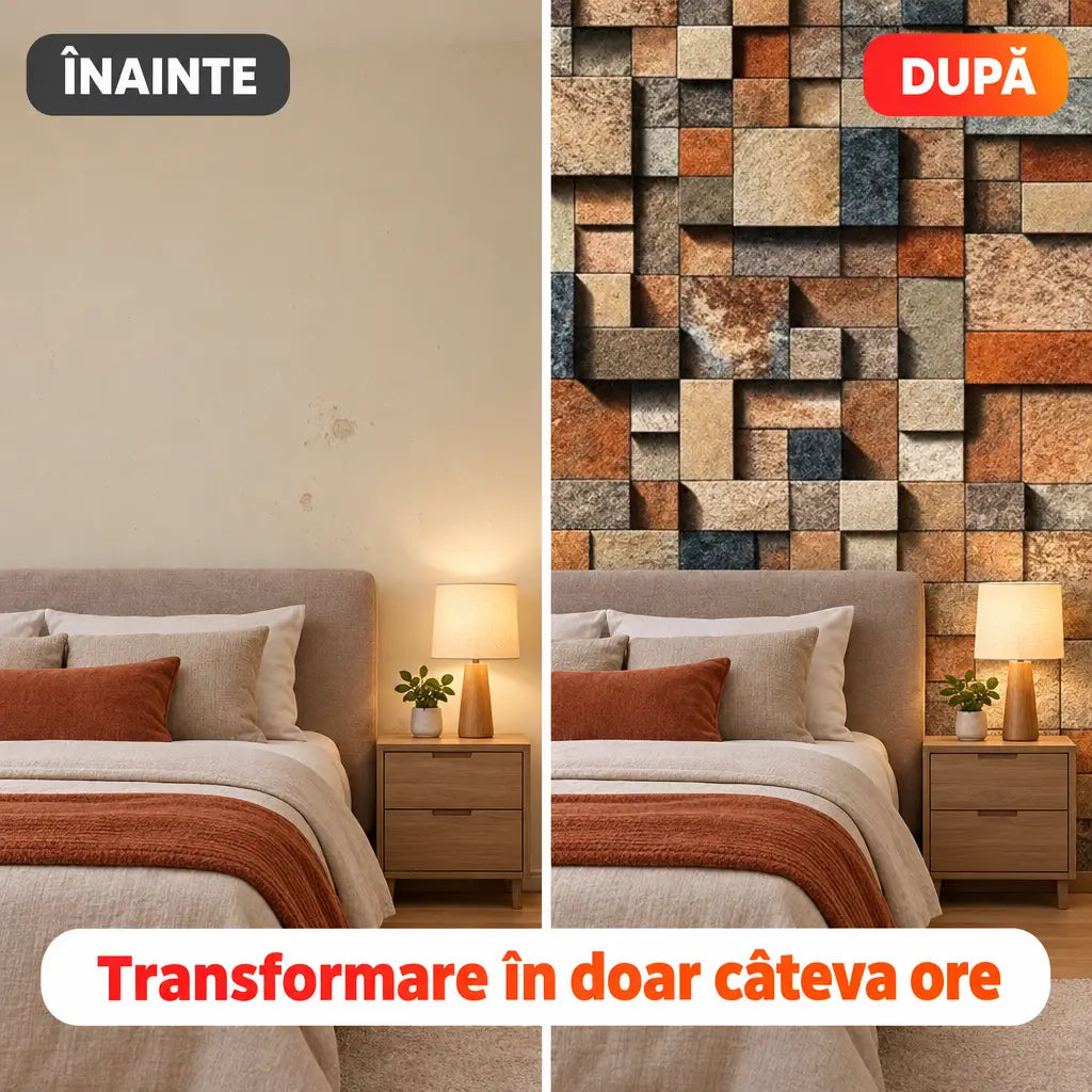 Înainte și după montaj tapet 3D mozaic de piatră în dormitor