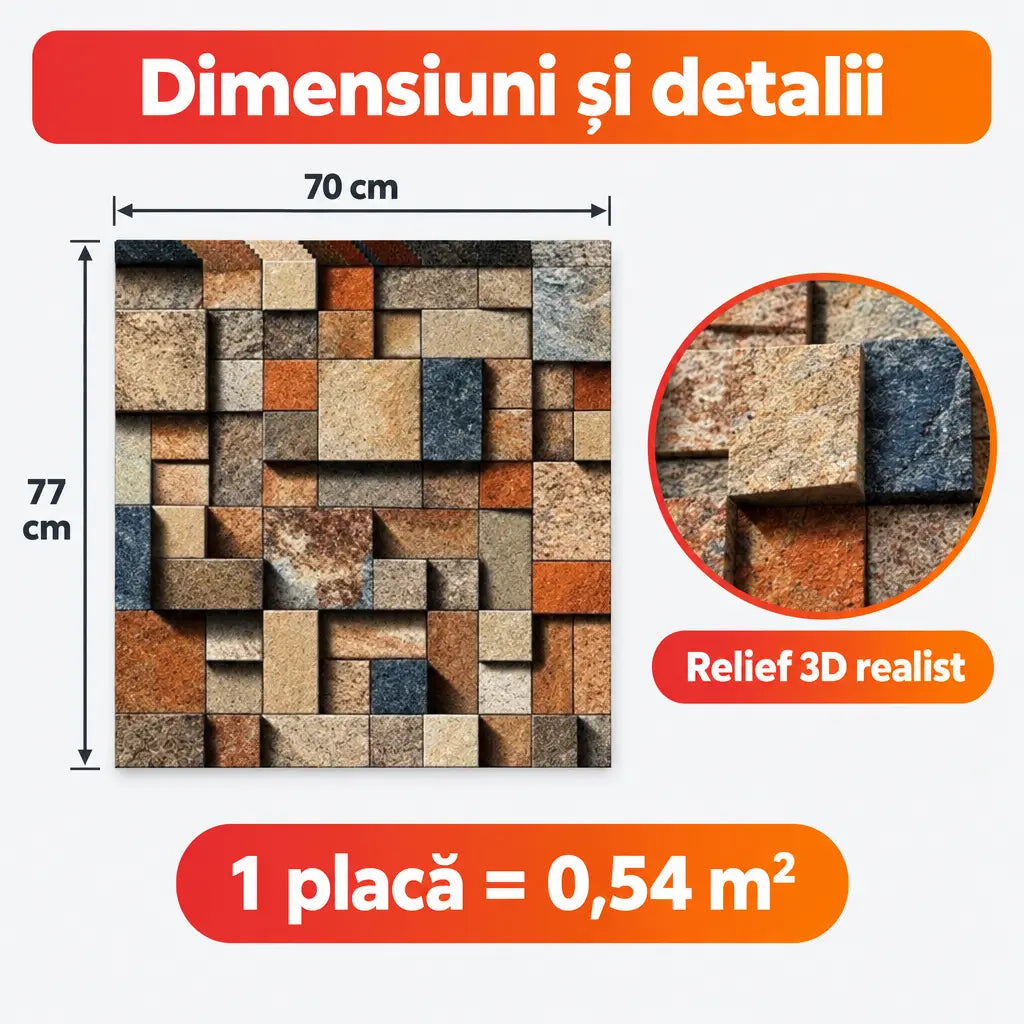 Dimensiuni placă tapet 3D mozaic 70x77 cm, 0,54 m²