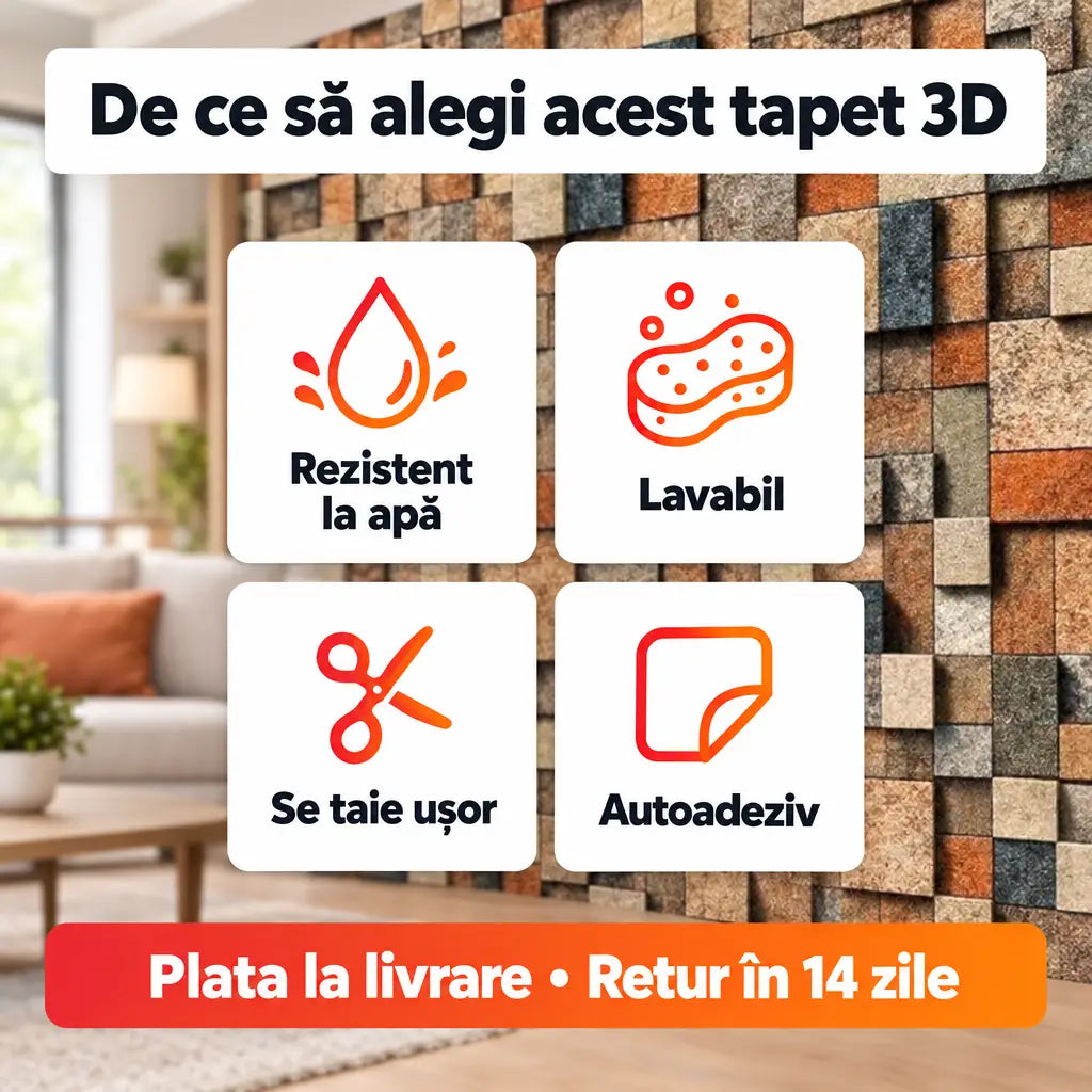 Beneficii tapet 3D mozaic: rezistent la apă, lavabil, se taie ușor, autoadeziv