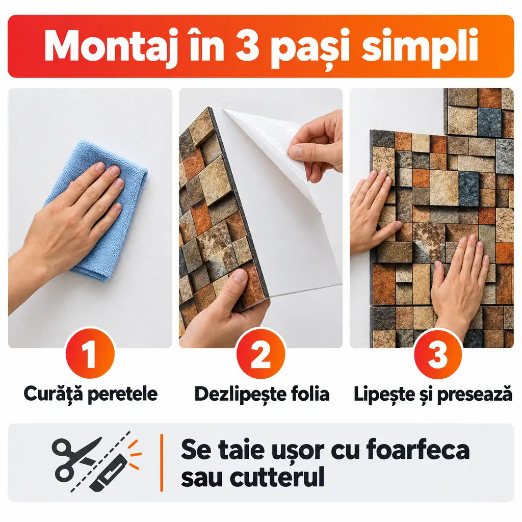 Montaj tapet 3D autoadeziv în 3 pași simpli