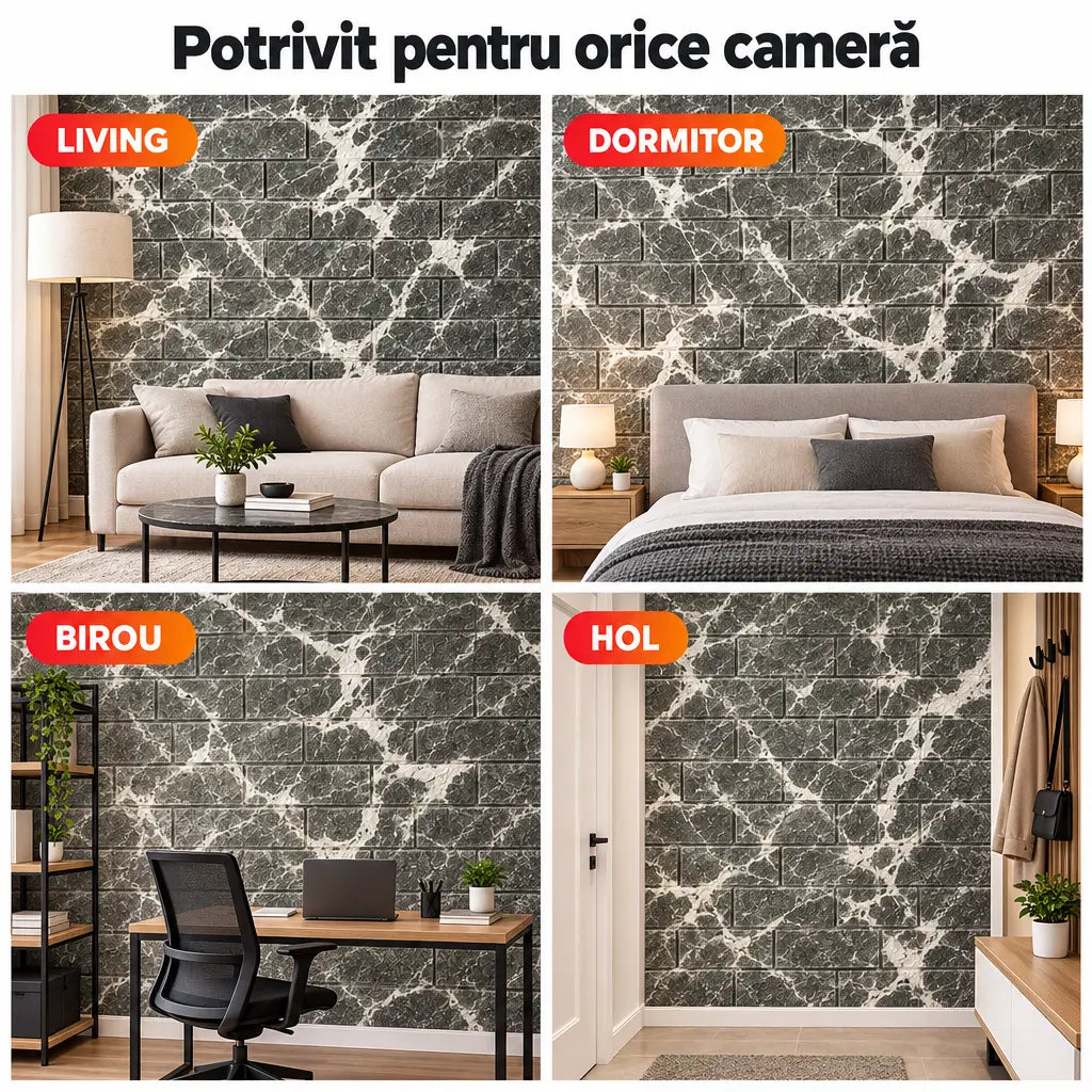 Tapet 3D marmură gri închis în living, dormitor, birou și hol