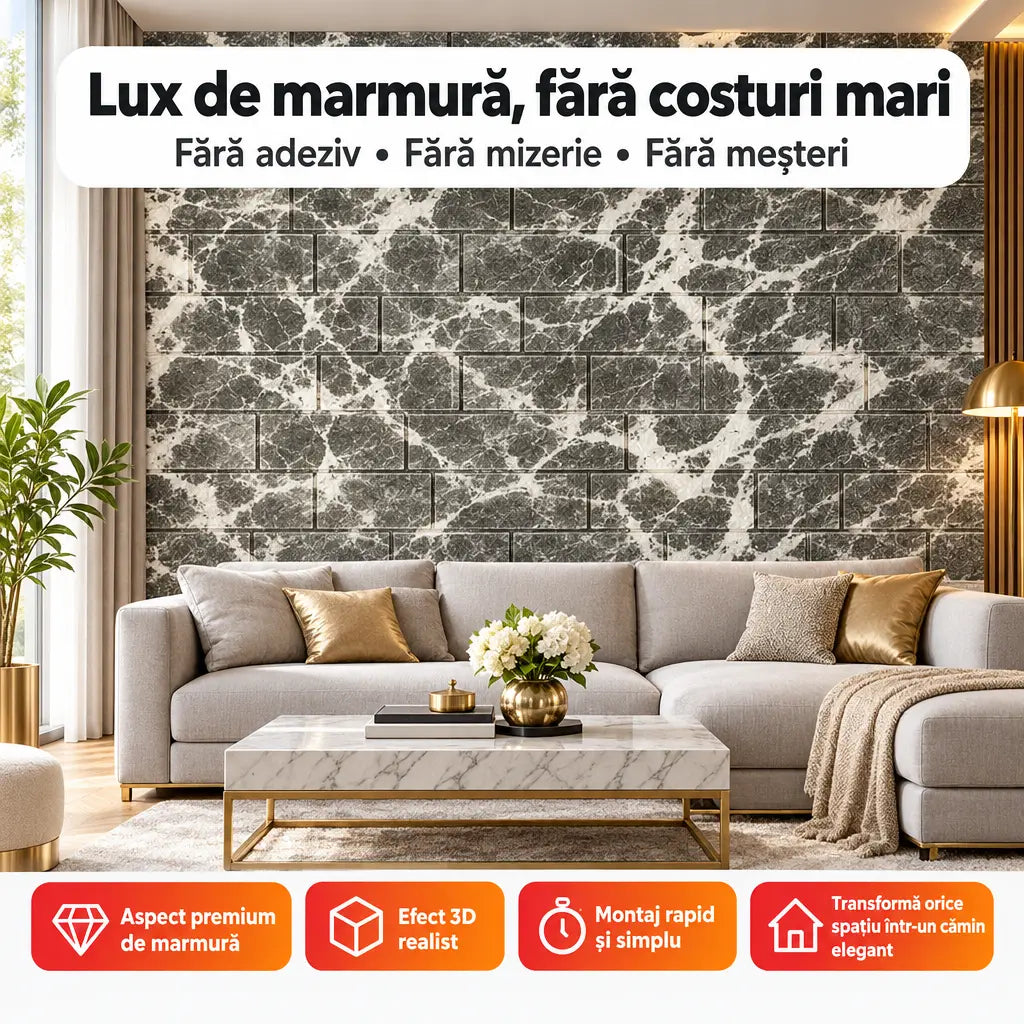 Tapet 3D autoadeziv imitație marmură gri închis în living elegant