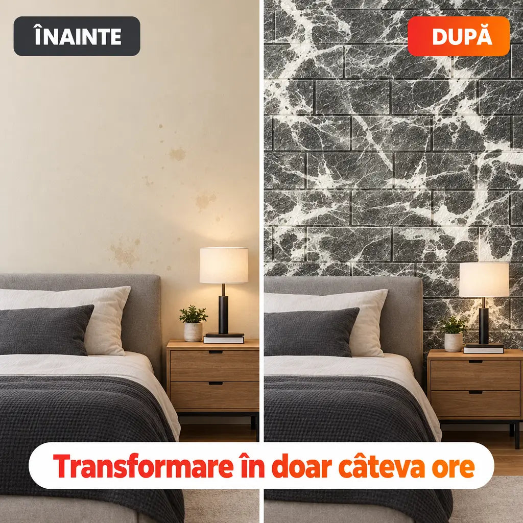 Înainte și după montaj tapet 3D marmură gri închis în dormitor