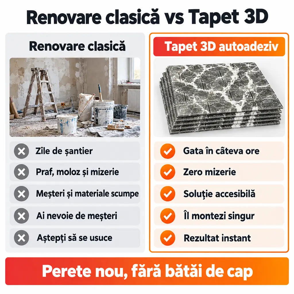 Renovare clasică vs tapet 3D autoadeziv marmură