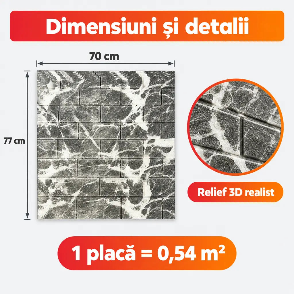 Dimensiuni placă tapet 3D marmură 70x77 cm, 0,54 m²