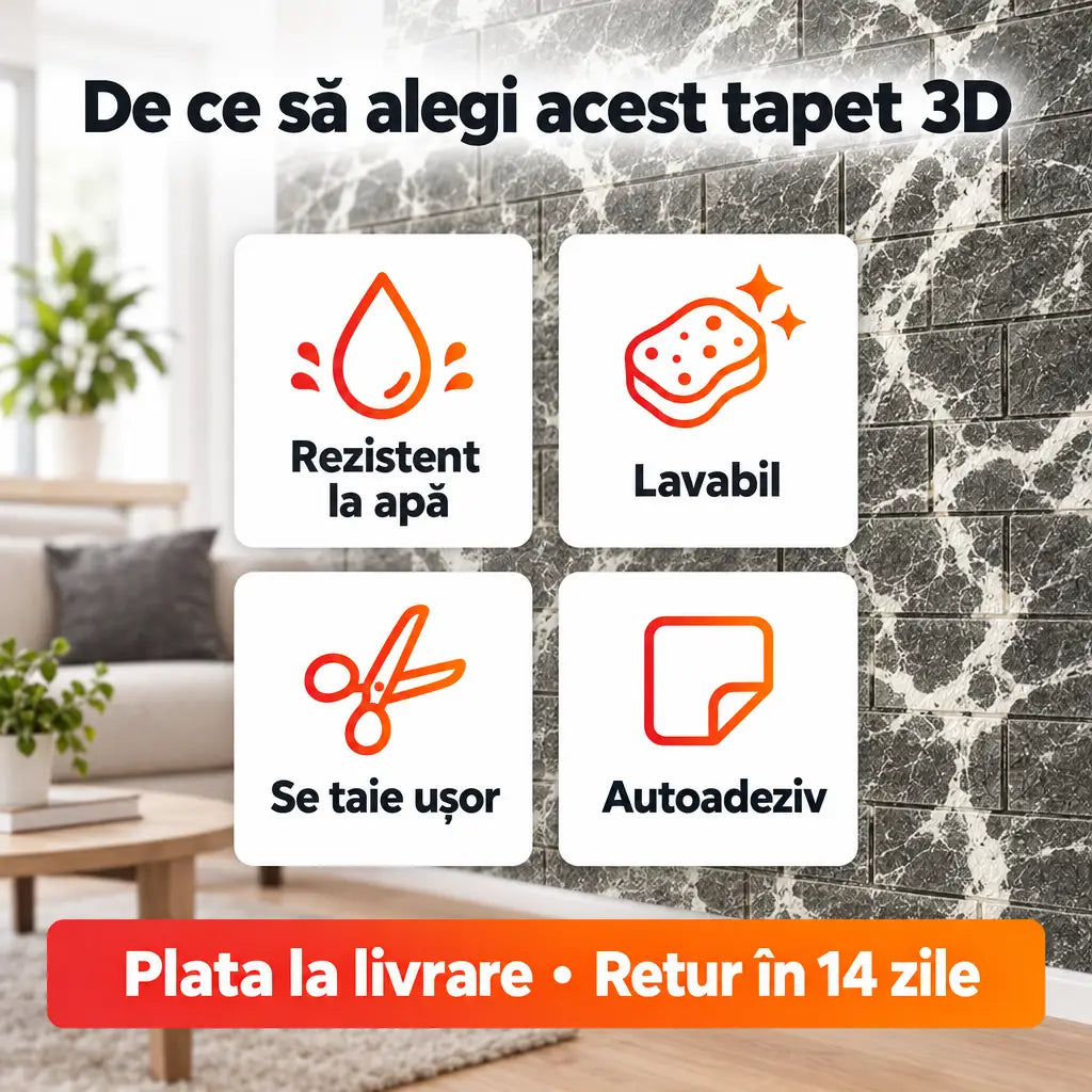 Beneficii tapet 3D marmură: rezistent la apă, lavabil, se taie ușor, autoadeziv