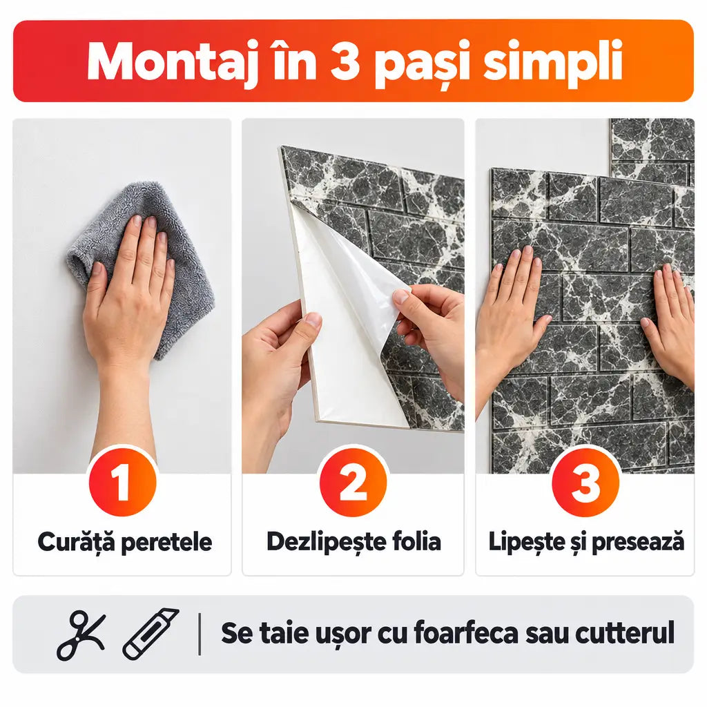 Montaj tapet 3D autoadeziv în 3 pași simpli