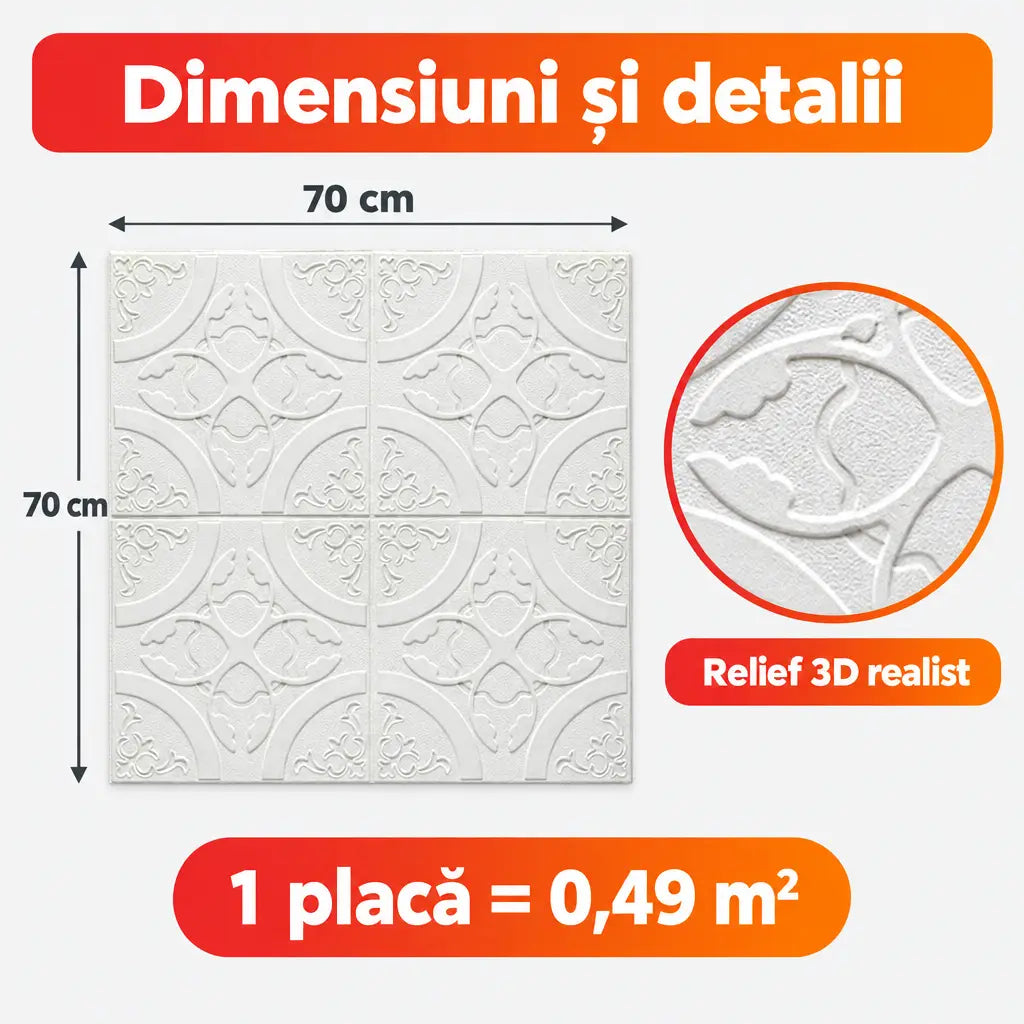 Dimensiuni placă tapet 3D A13 70x70 cm, 0,49 m²