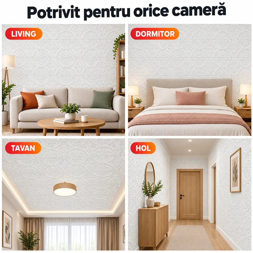 Tapet 3D ornamental alb în living, dormitor, pe tavan și în hol
