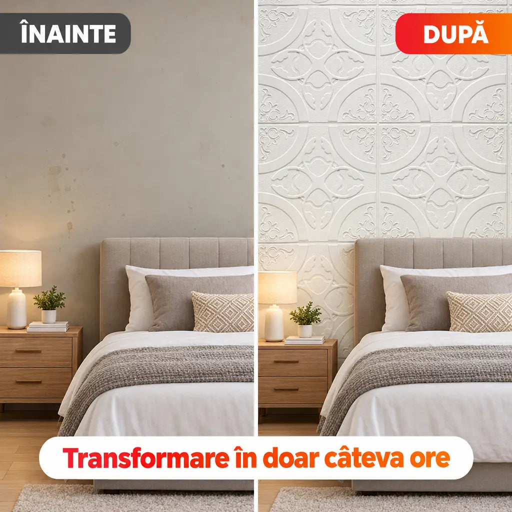 Înainte și după montaj tapet 3D ornamental alb în dormitor