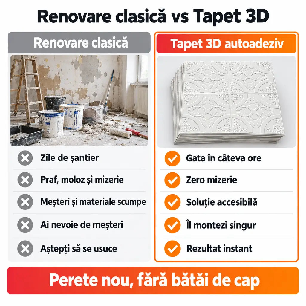 Renovare clasică vs tapet 3D autoadeziv ornamental