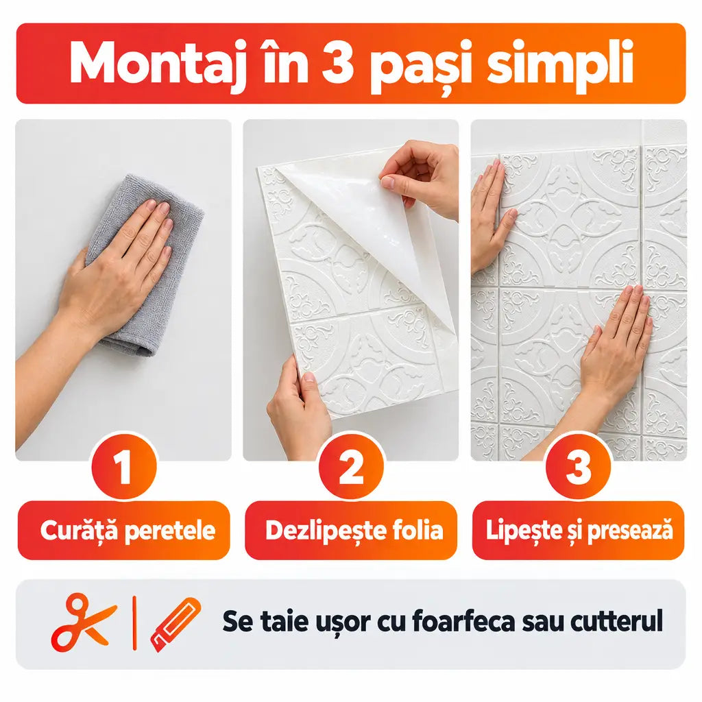 Montaj tapet 3D autoadeziv în 3 pași simpli