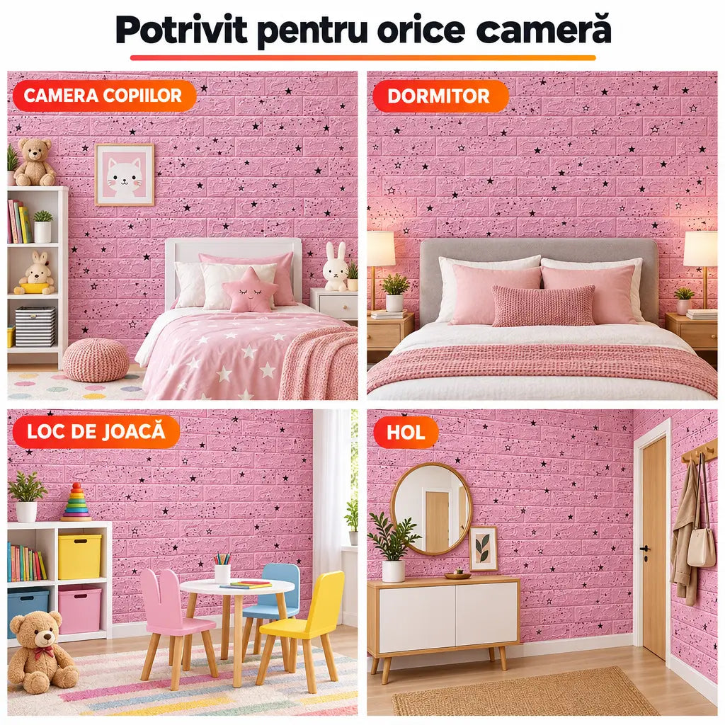 Tapet 3D steluțe roz în camera copiilor, dormitor, loc de joacă și hol