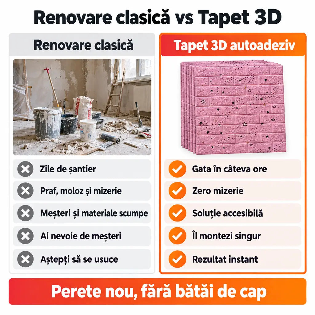 Renovare clasică vs tapet 3D autoadeziv steluțe roz