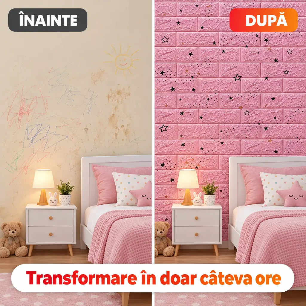 Înainte și după montaj tapet 3D steluțe roz