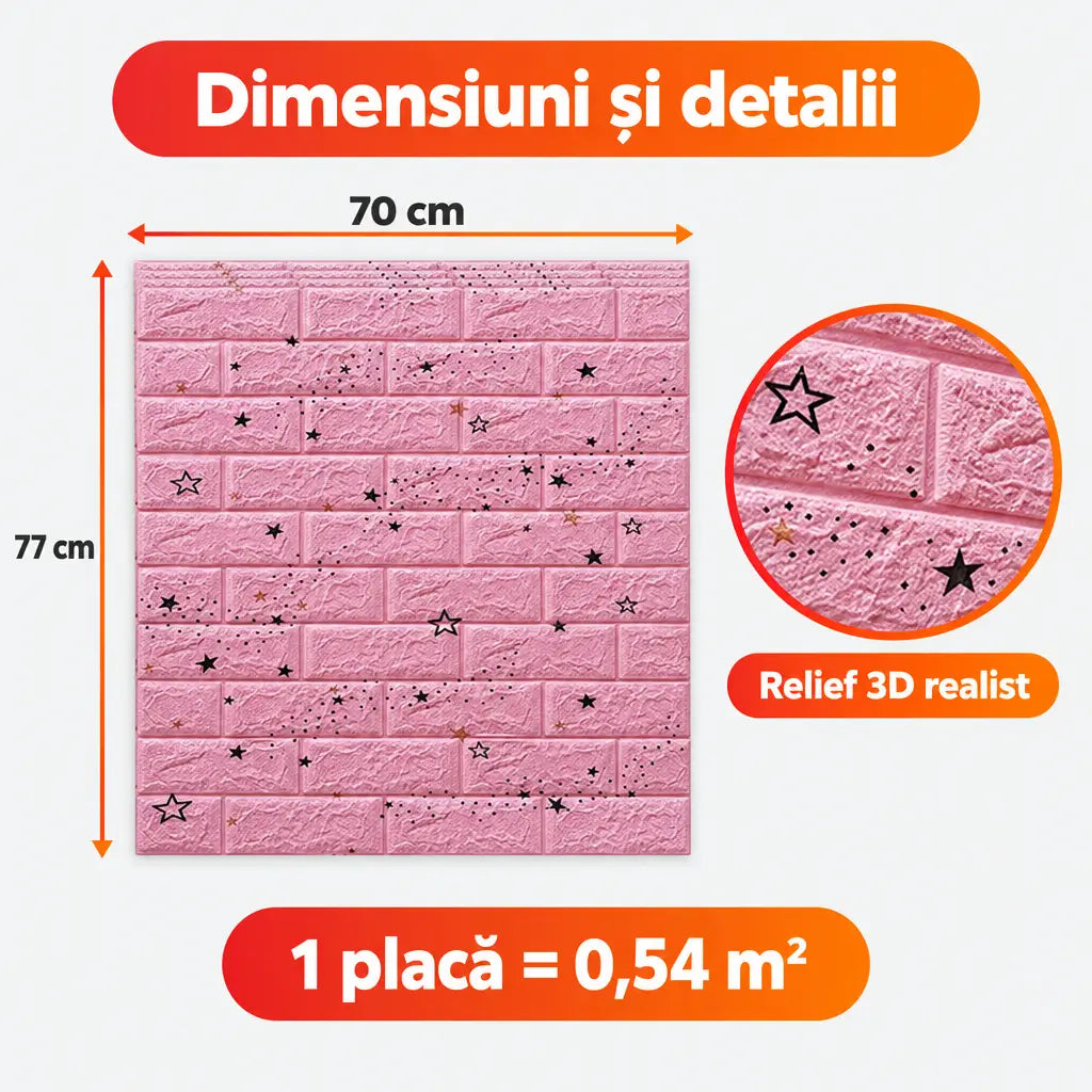 Dimensiuni placă tapet 3D steluțe roz 70x77 cm, 0,54 m²