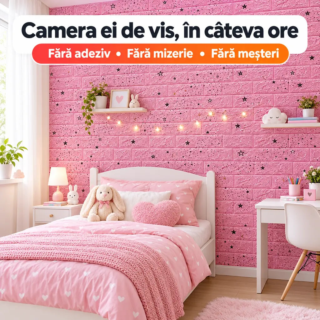 Tapet 3D autoadeziv roz cu steluțe în camera fetei
