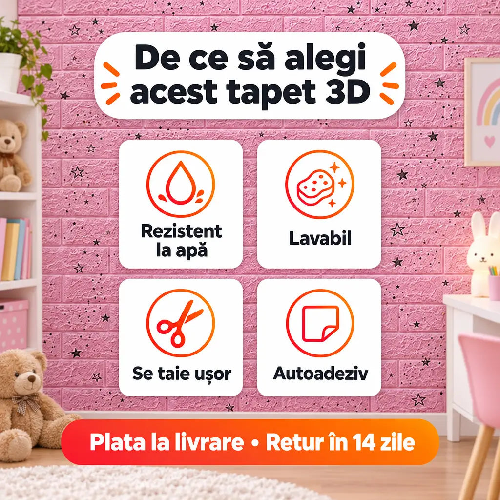 Beneficii tapet 3D steluțe roz: rezistent la apă, lavabil, se taie ușor, autoadeziv