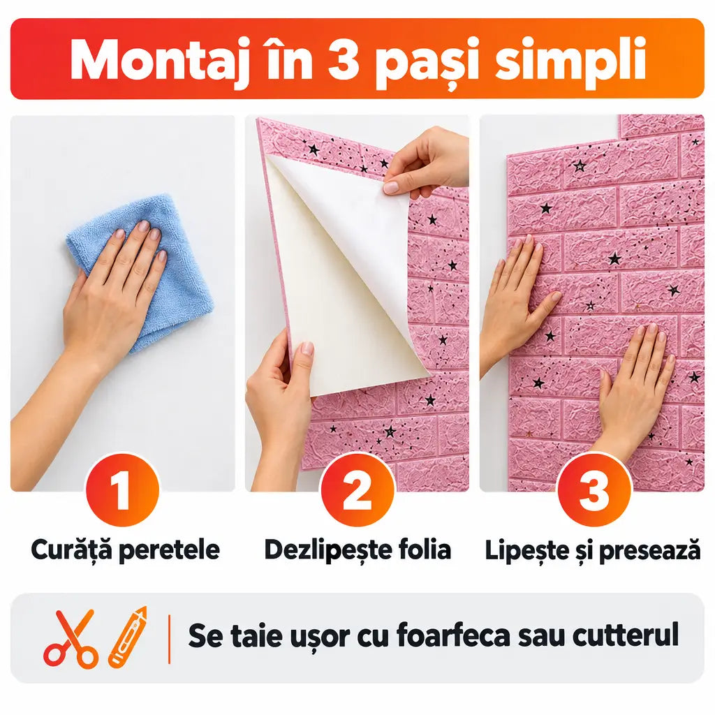 Montaj tapet 3D autoadeziv în 3 pași simpli