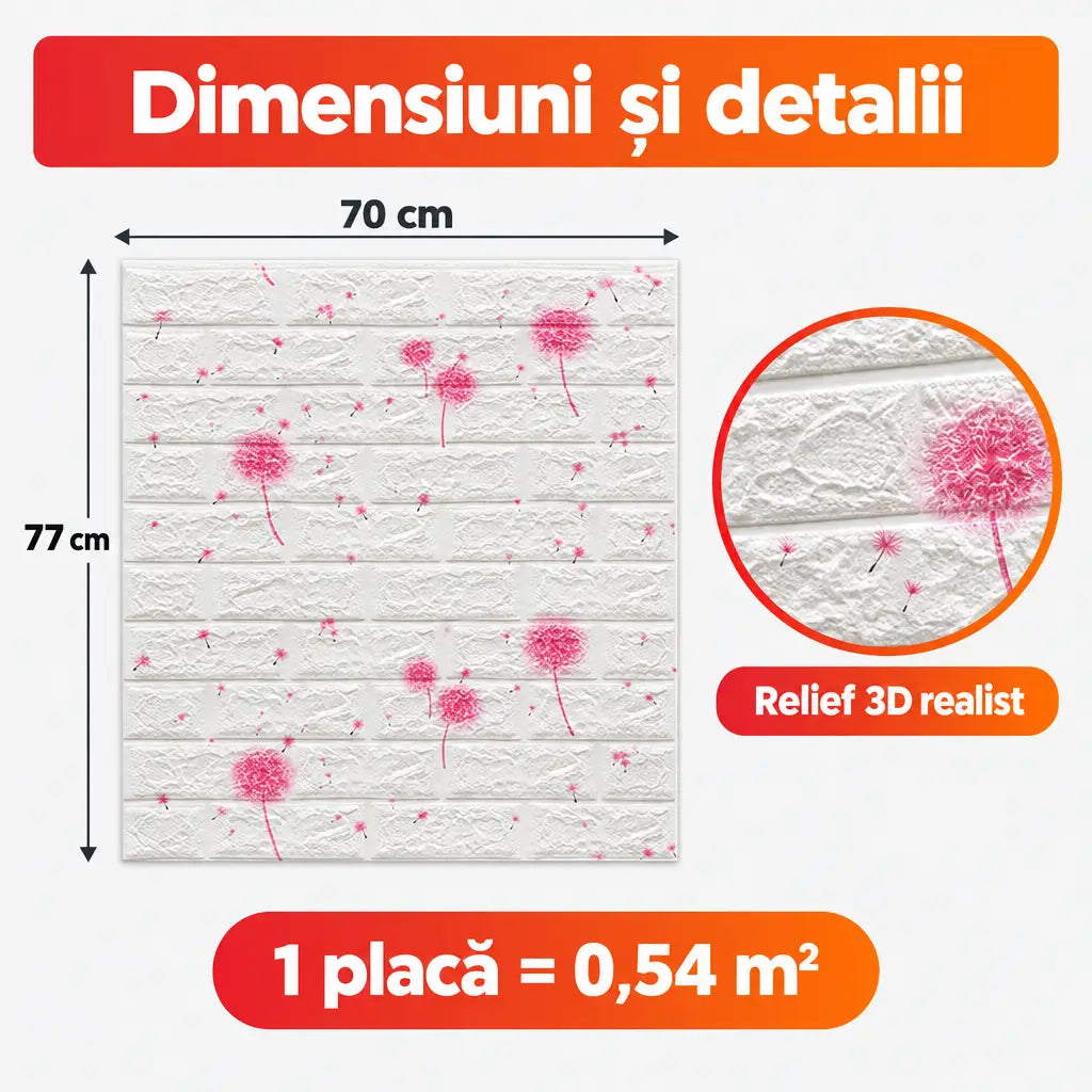 Dimensiuni placă tapet 3D păpădii 70x77 cm, 0,54 m²