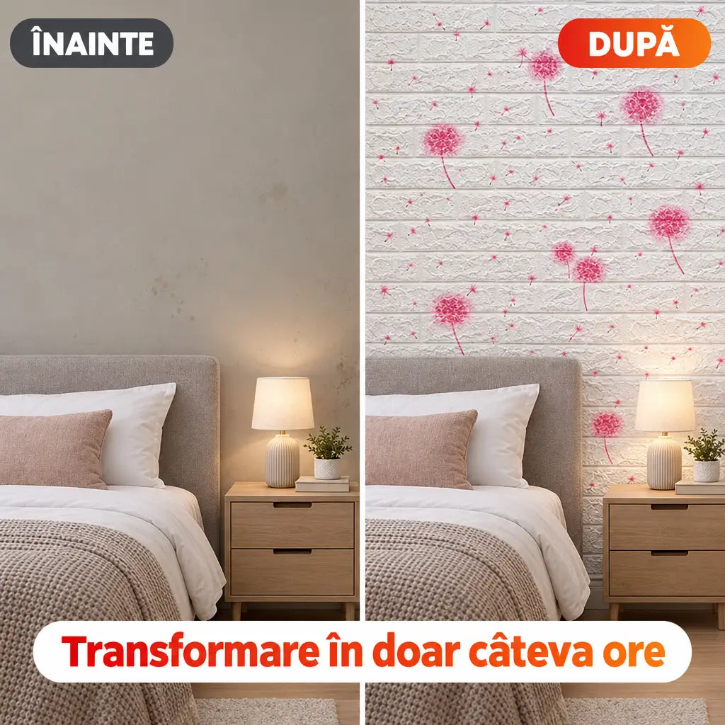 Înainte și după montaj tapet 3D păpădii roz