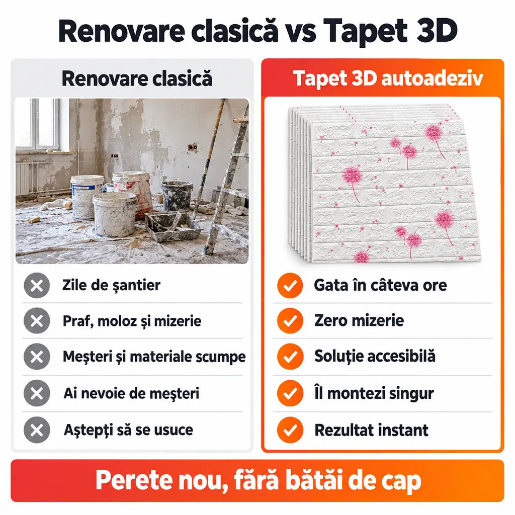 Renovare clasică vs tapet 3D autoadeziv păpădii