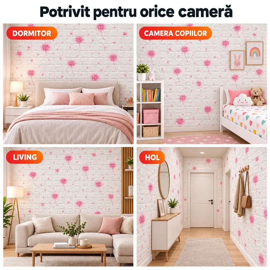 Tapet 3D păpădii roz în dormitor, camera copiilor, living și hol