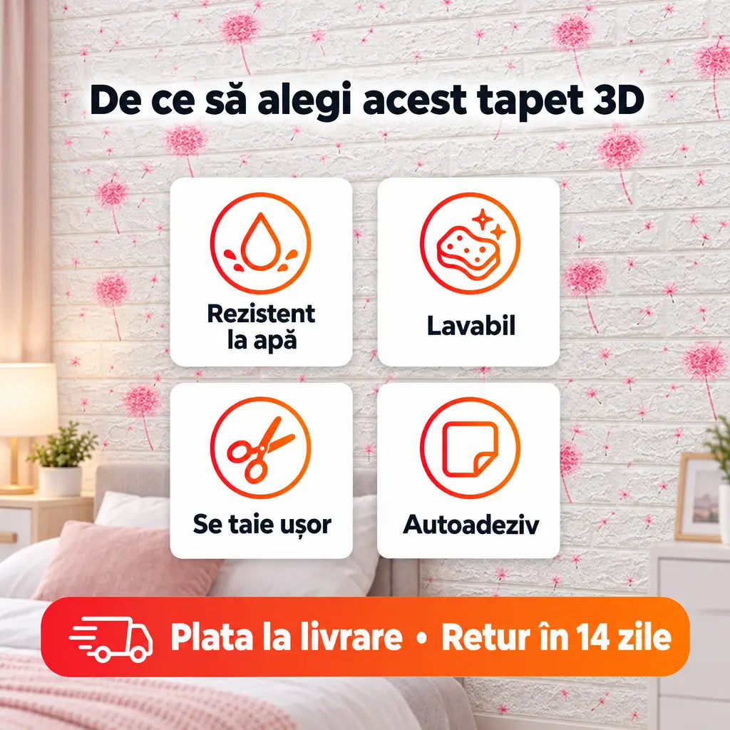 Beneficii tapet 3D păpădii: rezistent la apă, lavabil, se taie ușor, autoadeziv