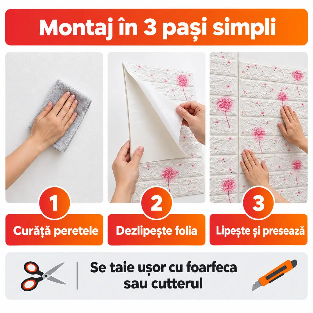 Montaj tapet 3D autoadeziv în 3 pași simpli
