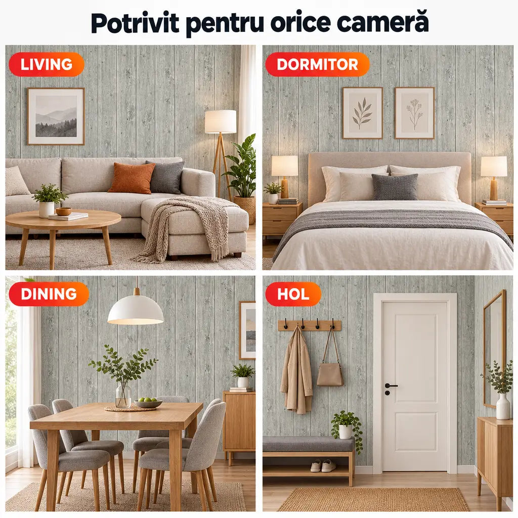 Tapet 3D lemn gri cenușiu în living, dormitor, dining și hol