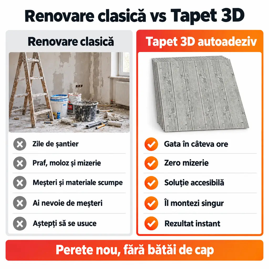 Renovare clasică vs tapet 3D autoadeziv lemn gri