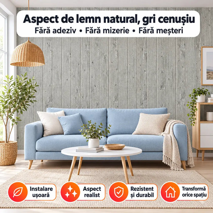Tapet 3D Autoadeziv Imitație Panouri de Lemn, Gri Cenușiu – imagine 2