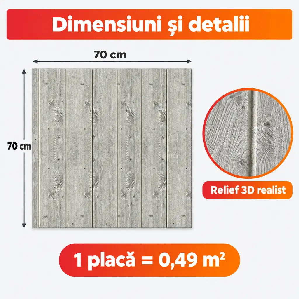 Dimensiuni placă tapet 3D lemn gri 70x70 cm, 0,49 m²