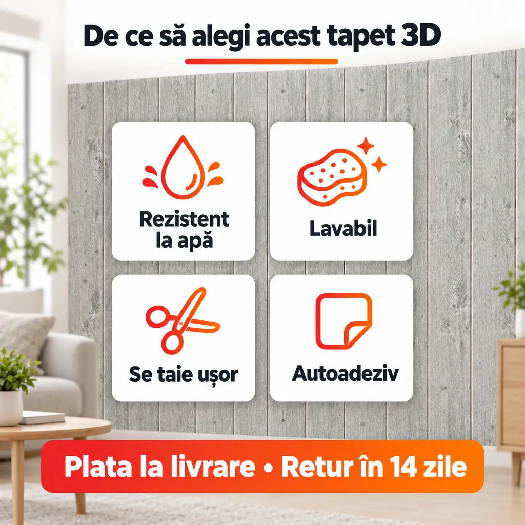 Beneficii tapet 3D lemn gri: rezistent la apă, lavabil, se taie ușor, autoadeziv