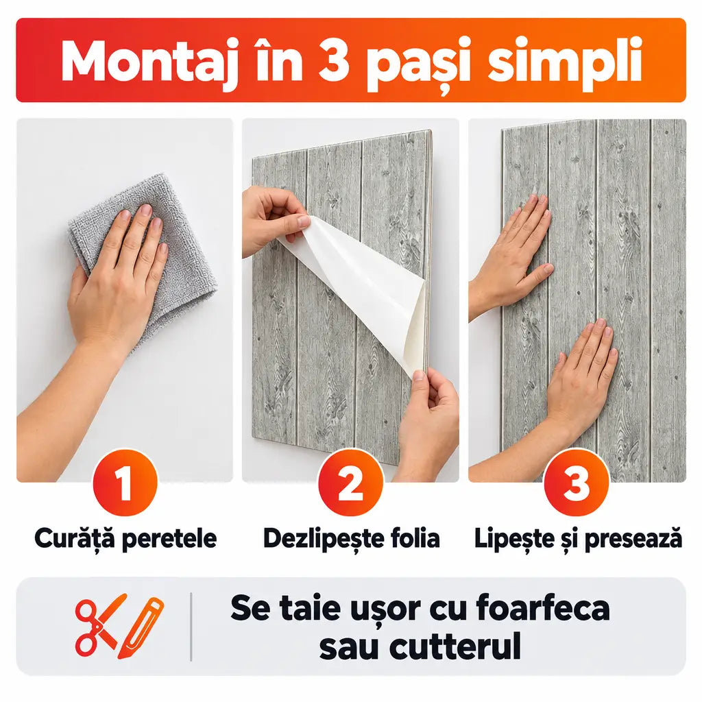 Montaj tapet 3D autoadeziv în 3 pași simpli