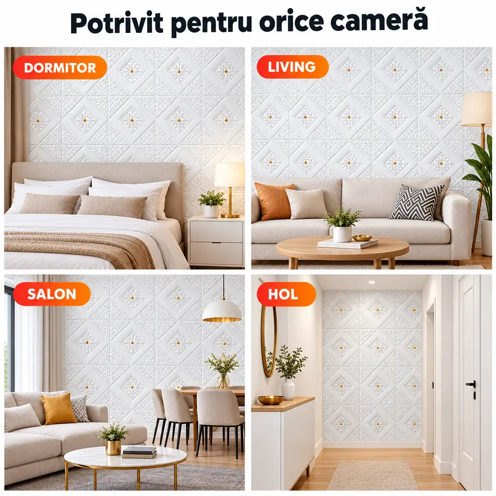 Tapet 3D romburi aurii în dormitor, living, salon și hol