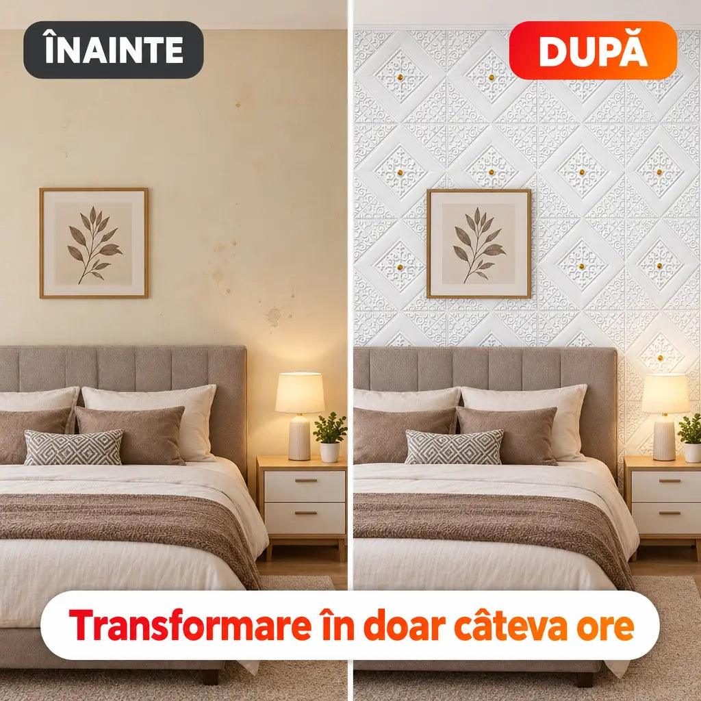Înainte și după montaj tapet 3D romburi aurii în dormitor